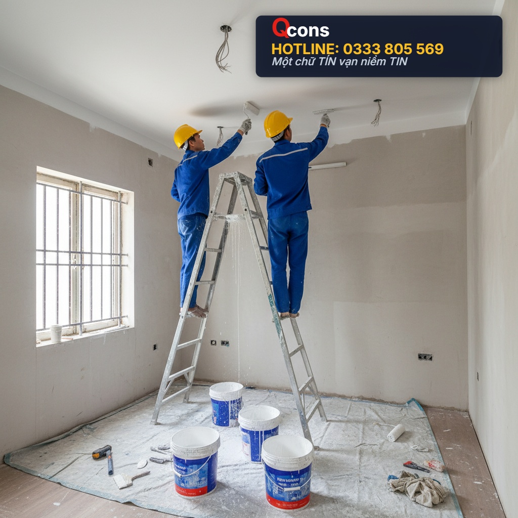 Công tác sơn tường phòng ngủ