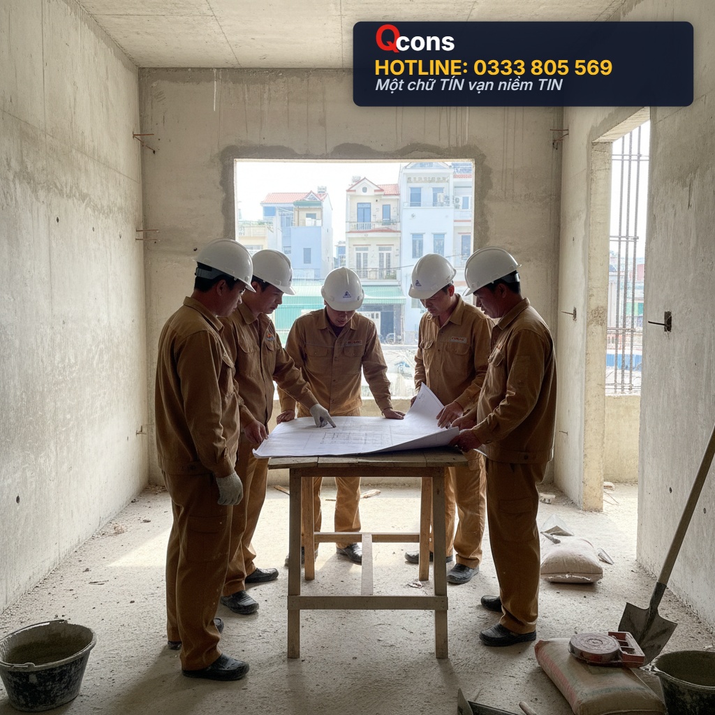 Nhóm quản lý công trình họp triển khai thi công